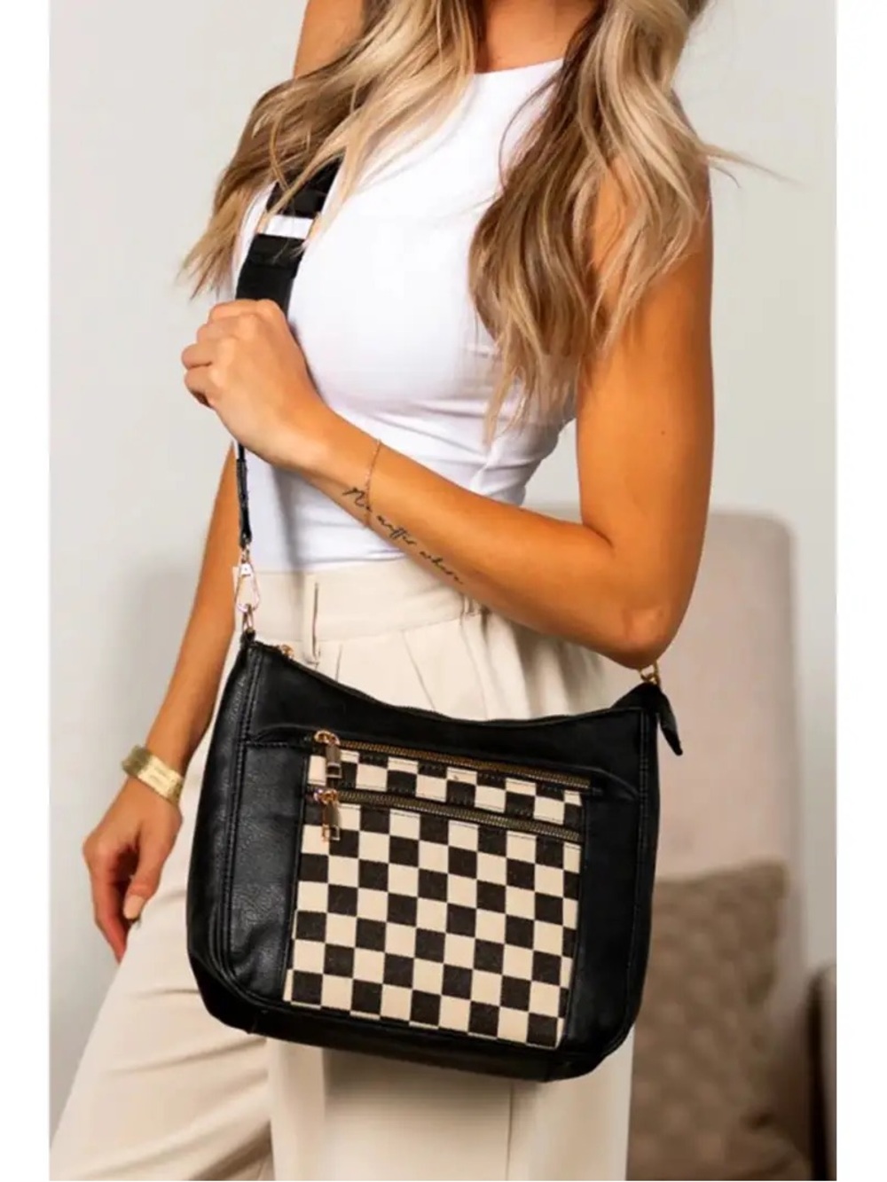 Zenana Black Check-Panel Crossbody Bag - Stylish Everyday Shoulder Bag